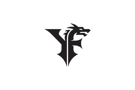 Monochromatic logo design featuring a fierce dragon head merged with initials yf
