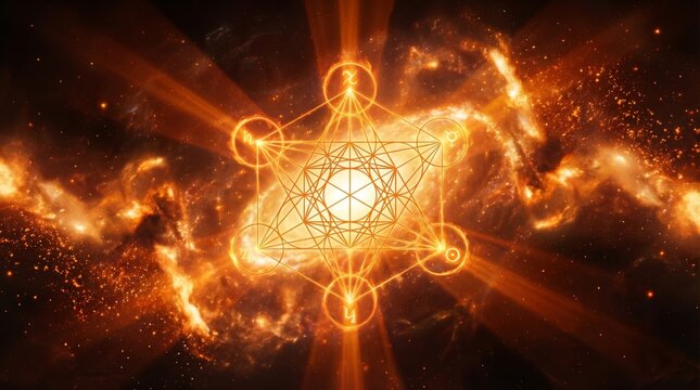 Glowing sacred geometry with fiery cosmic background