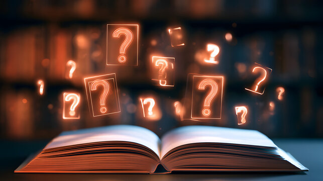 A wide shot of a calm knowledge base how-to guide, glowing softly with bright question tags on a defocused backdrop