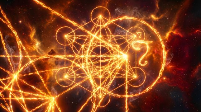 Intricate fiery geometric symbols on cosmic background with glowing patterns