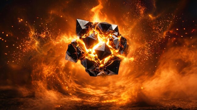 Fiery geometric sphere amidst intense flames and smoke