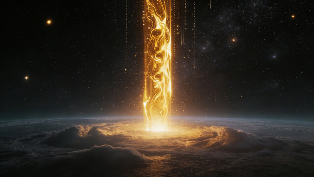 Golden energy beam descends from starry sky onto earth