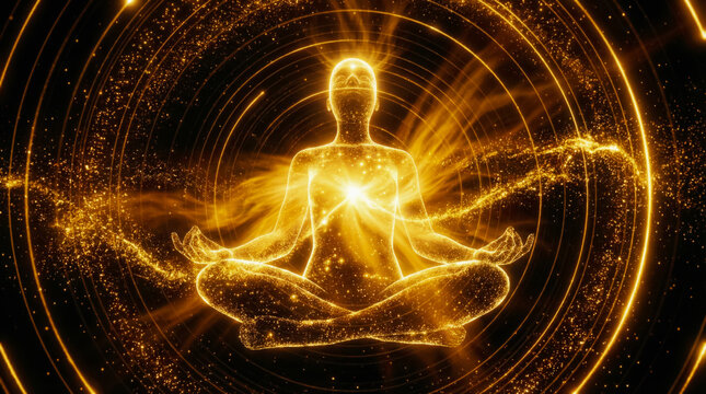 Golden energy meditation silhouette with radiant light and celestial aura