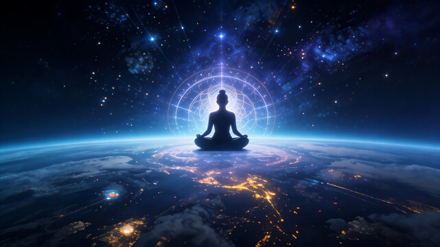 Meditation in space: silhouette of person amidst stars and cosmic energy above earth