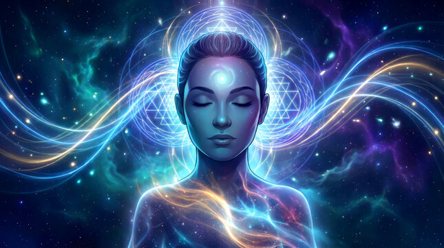 Meditative asian female in cosmic energy flow with geometric patterns