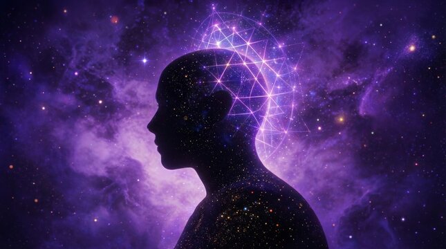 Silhouette against cosmic purple nebula with geometric illumination