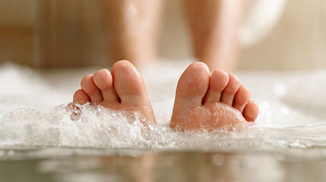 Close-up of relaxed feet in warm bubble bath