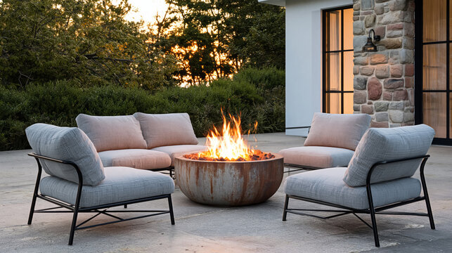 Cozy outdoor seating area with fire pit at sunset