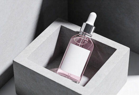 Pink serum bottle, cosmetic dropper, skin care oil, dropper bottle mockup, glass bottle mockup, cosmetic packaging mockup, facial oil bottle, beauty product mockup, serum dropper, concrete display.