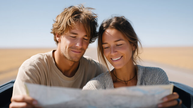 Young caucasian couple traveling by car in open desert landscape reading map