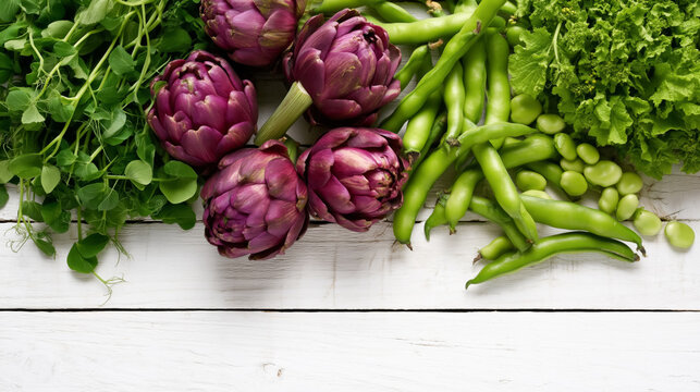 Fresh purple artichokes and green vegetables on white wooden surface