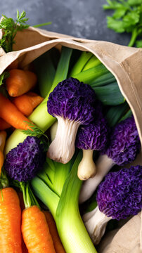 Vibrant vegetables: purple cauliflower, carrots, leeks in reusable bag