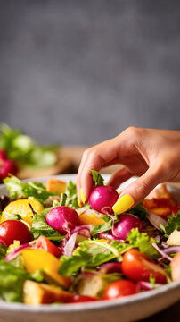 Hand placing radishes on fresh mixed salad with vegetables and greens