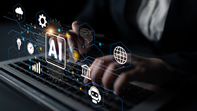 Hands Typing on Laptop with AI Icons and Digital Graphics Representing Technology, Data, and Innovation in Modern Workspace Haptic.