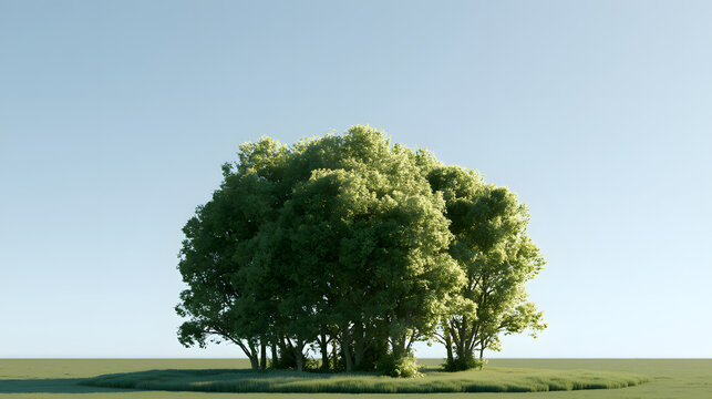 A group of verdant trees stands amidst a swath of grass, set against a serene blue sky. This picturesque scene unfolds on a vast, nearly empty expanse with minimal foreground elements. It is a dayligh