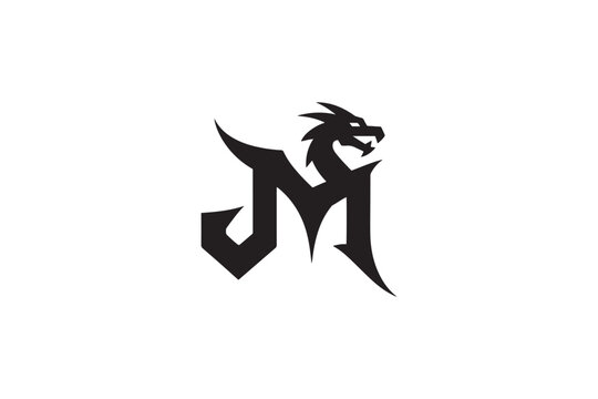 Mysterious jm logo featuring a fierce dragon head and bold gothic lettering