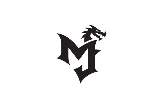 Mysterious mj logo featuring a fierce dragon head integrated into the letter m