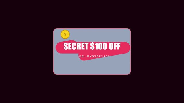 Secret $100 off coupon code mystery100 promotion for e-commerce sales and marketing campaigns animation 4k