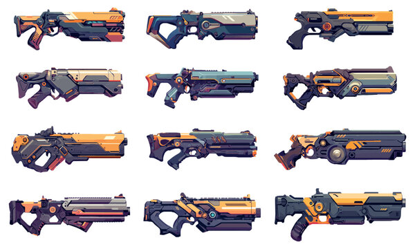 Set of cartoon futuristic blasters of the future of different shapes and designs, weapons, shooting, handle, beautiful, stylish, gun, vector illustration