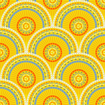 Dashed lines in scallop shapes, seamless vector pattern, abstract geometric background, boho ethno design with concentric semicircles and circles with dotted, dashed, and radiating details
