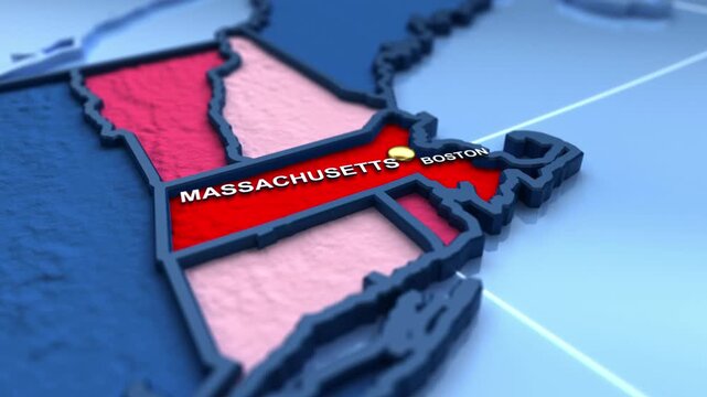 Looped 3D election map animation of the United States zooming into Massachusetts state, featuring red, blue, purple and green political outcome variations. 
