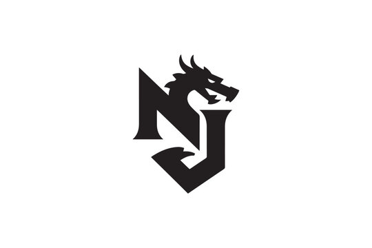 Nj logo design featuring a fierce dragon integrated with bold lettering