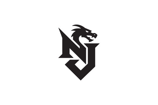 Nj dragon logo graphic featuring intertwined letters and mythical creature silhouette
