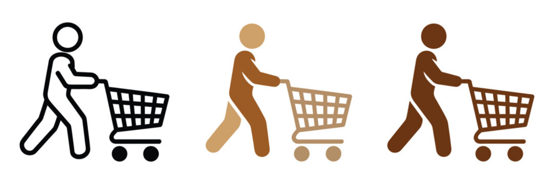 Shopping cart icon with diverse people, men, women and multicultural shoppers