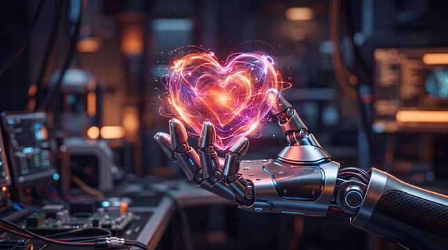 Robotic hand holding a glowing heart icon floating in a high-tech research laboratory setting for future scientific discovery or advanced engineering project themes with dramatic ambient lighting.