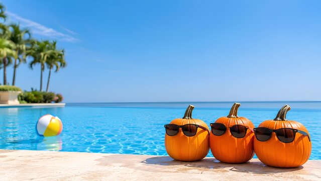 ヤシの木と海が見えるプールの縁で休むサングラスのカボチャたち / Pumpkins in sunglasses resting on pool edge with palm trees and sea (Generative AI)
