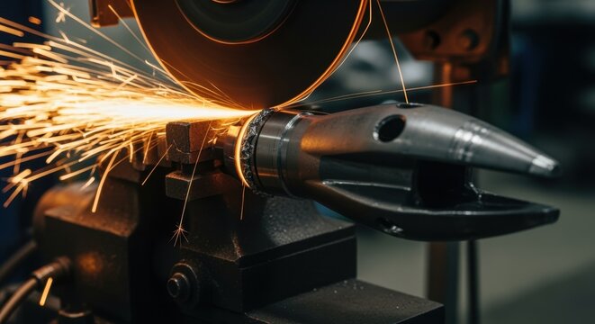 Vibrant image showing sparks flying as a grinding wheel smooths the edges of a railgun projectile sabot component.
