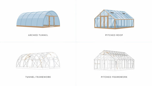Set of greenhouse illustrations including colorful and line art versions of tunnel and glass structures for agricultural farming and gardening design projects