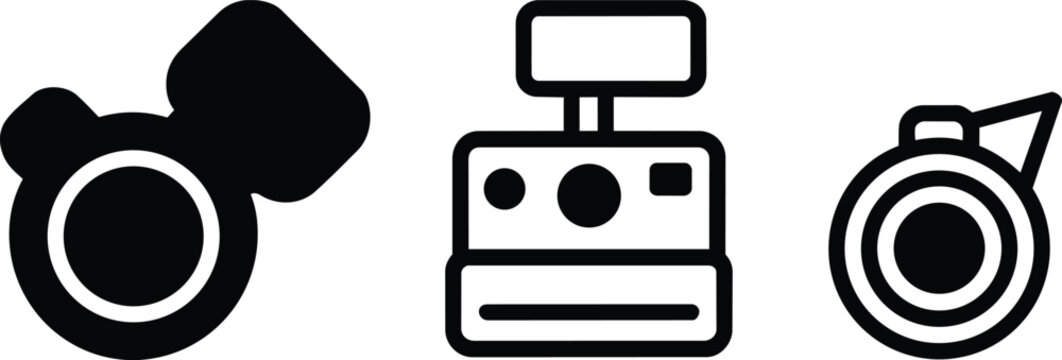 Camera icons, vintage photography gear, modern digital devices, optical equipment, instant cameras