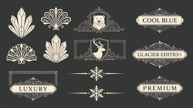 Vintage luxury logo badges and ornate frames, elegant winter heraldry with bear and deer icons, premium decorative vector elements for branding