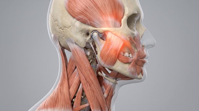 Facial and Neck Muscle Anatomy with Highlighted Masseter and Temporalis Tension

