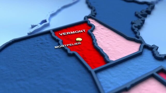 Looped 3D election map animation of the United States zooming into Vermont state, featuring red, blue, purple and green political outcome variations. 