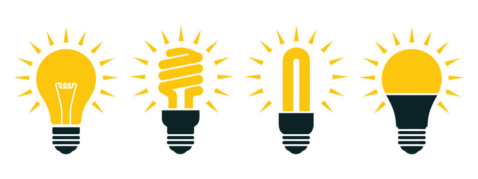 Light bulb icon collection incandescent, LED, CFL and fluorescent tube designs