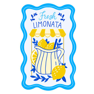 Lemonade poster limonata pitcher citrus fruit cold drink Amalfi Coast Mediterranean summer Italian style yellow blue stripes refreshing beverage kitchen wall art clipart