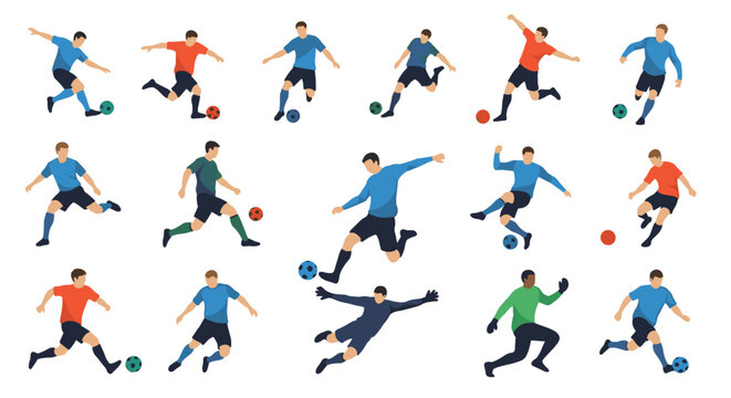 Dynamic silhouettes of professional soccer players in various action poses kicking passing and saving the ball on the pitch.