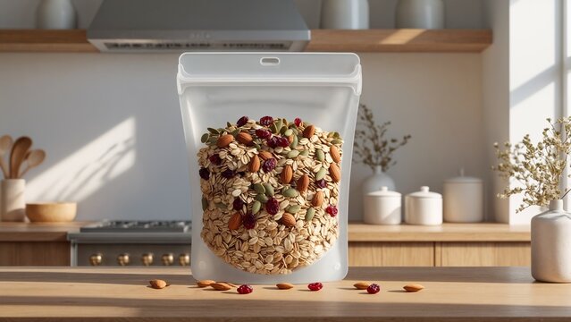 Reusable Silicone Storage Bag Filled with Healthy Granola Mix
