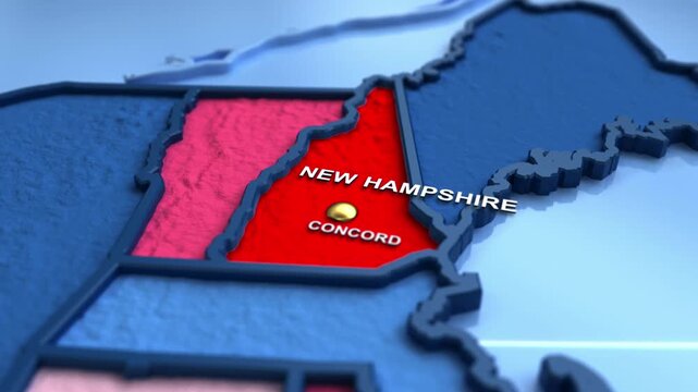 Looped 3D election map animation of the United States zooming into New Hampshire state, featuring red, blue, purple and green political outcome variations. 