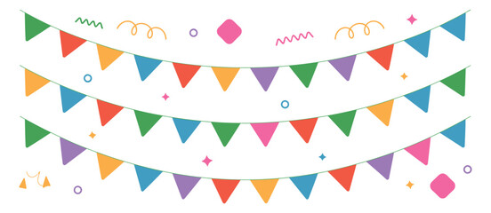 Obraz premium Birthday party bunting featuring colorful triangle flags, falling confetti, and festive retro decoration in simple flat vector style