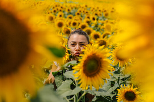 Beautiful Young Woman Standing in Sunflower Field Looking at Camera