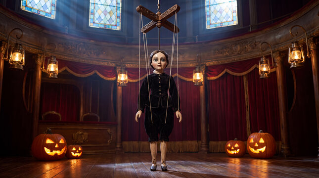Vintage wooden marionette puppet hanging on a stage in an old theater with glowing pumpkins