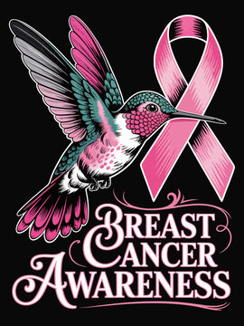 A vibrant hummingbird is depicted next to a pink awareness ribbon, symbolizing breast cancer awareness.