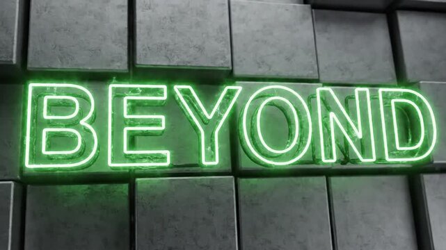 Green neon BEYOND text on textured grey cube background