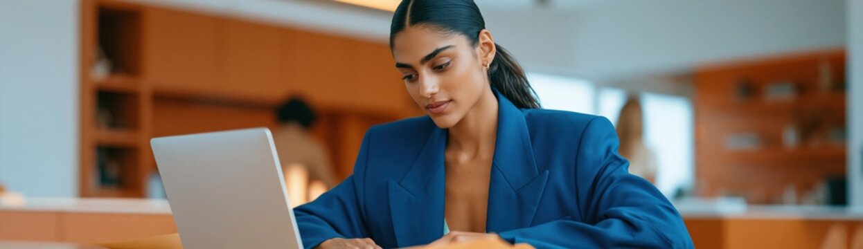 Female entrepreneur focused on a laptop in a bright coworking workspace for corporate banner background and website header design