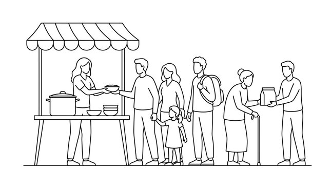 Volunteers serving hot meals to diverse people in need at a community food stall
