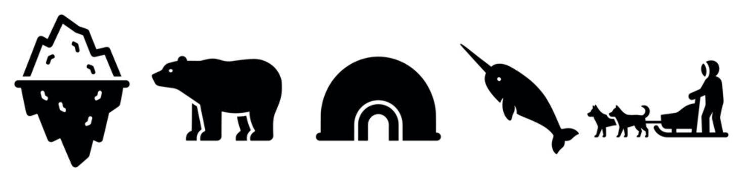 Arctic icons set. Polar region and wildlife concept. Includes iceberg, polar bear, igloo, narwhal, dog sled, musher. Solid black silhouette style