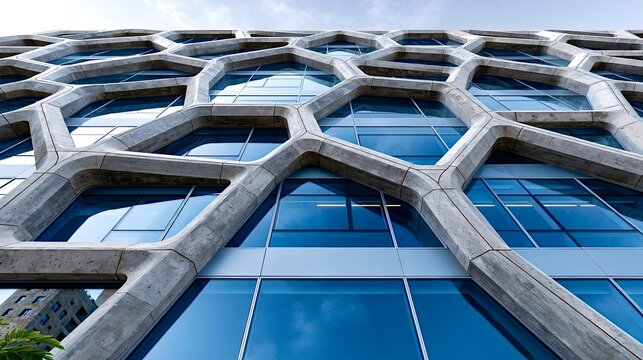 Modern building facade featuring honeycomb geometric concrete pattern
